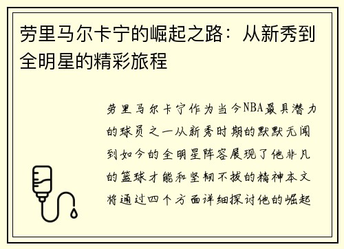 劳里马尔卡宁的崛起之路：从新秀到全明星的精彩旅程
