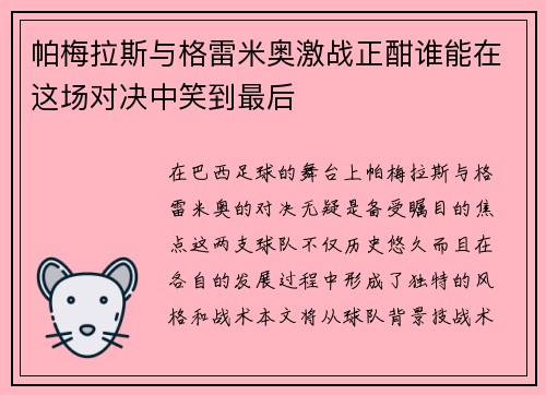 帕梅拉斯与格雷米奥激战正酣谁能在这场对决中笑到最后